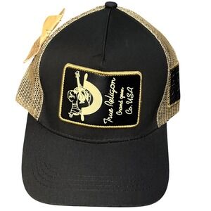 True Religion Trucker Hat Black Gold Buddha Logo World Tour Snapback Cap NEW